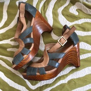 Miz Mooz Petra sandal wooden wedge blue and tan
